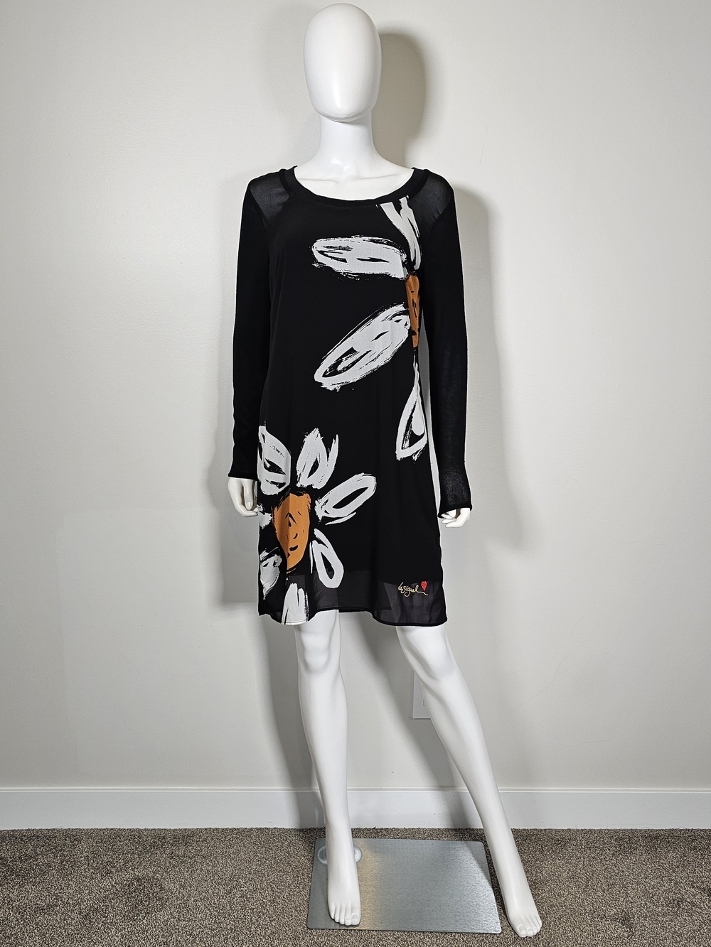 Desigual Black Long-Sleeve Shift Dress with White Orange Floral Sz 42 US Sz 10